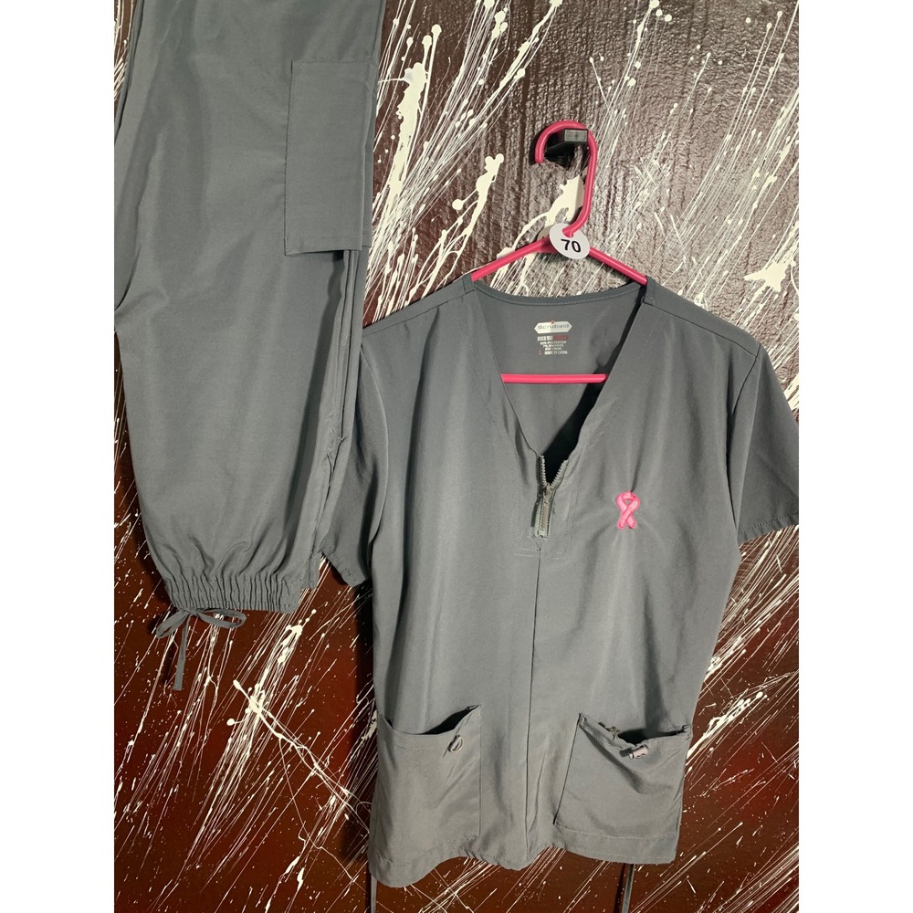 Scrubaid Gray Scrub Set Women Large Pink Ribbon Zip Top Cargo Jogger Pants 2pc